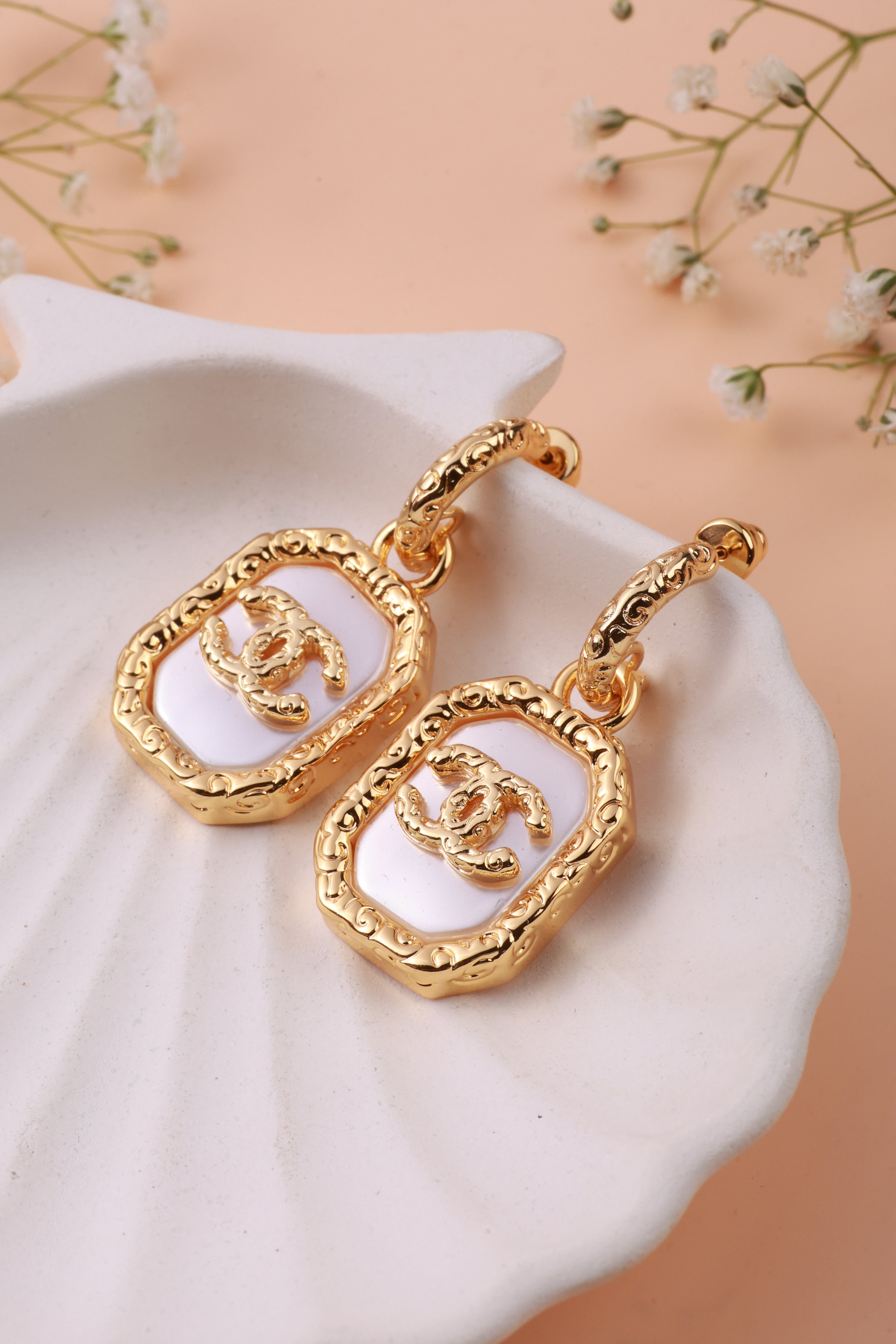 Golden White Shanel Earrings