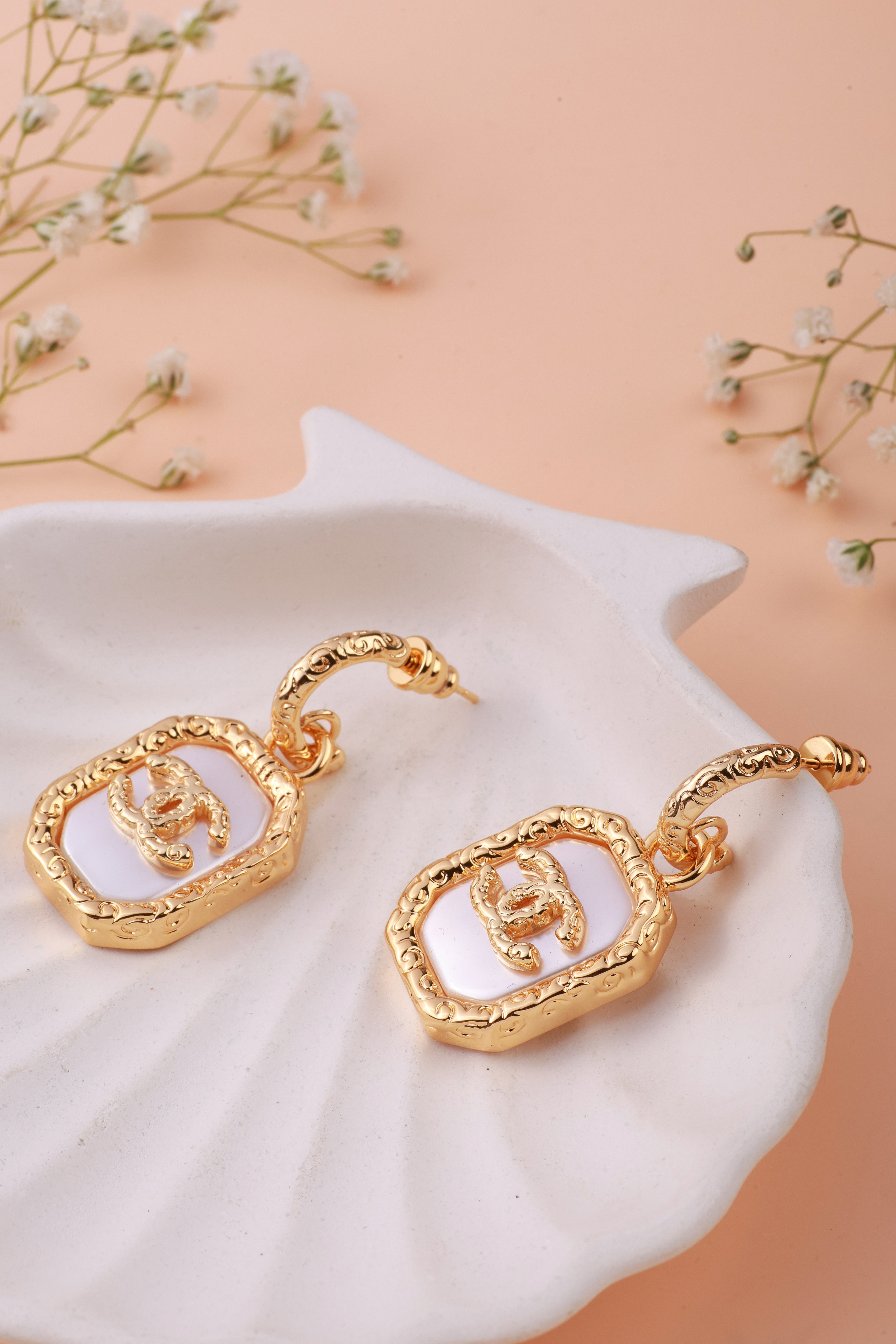 Golden White Shanel Earrings