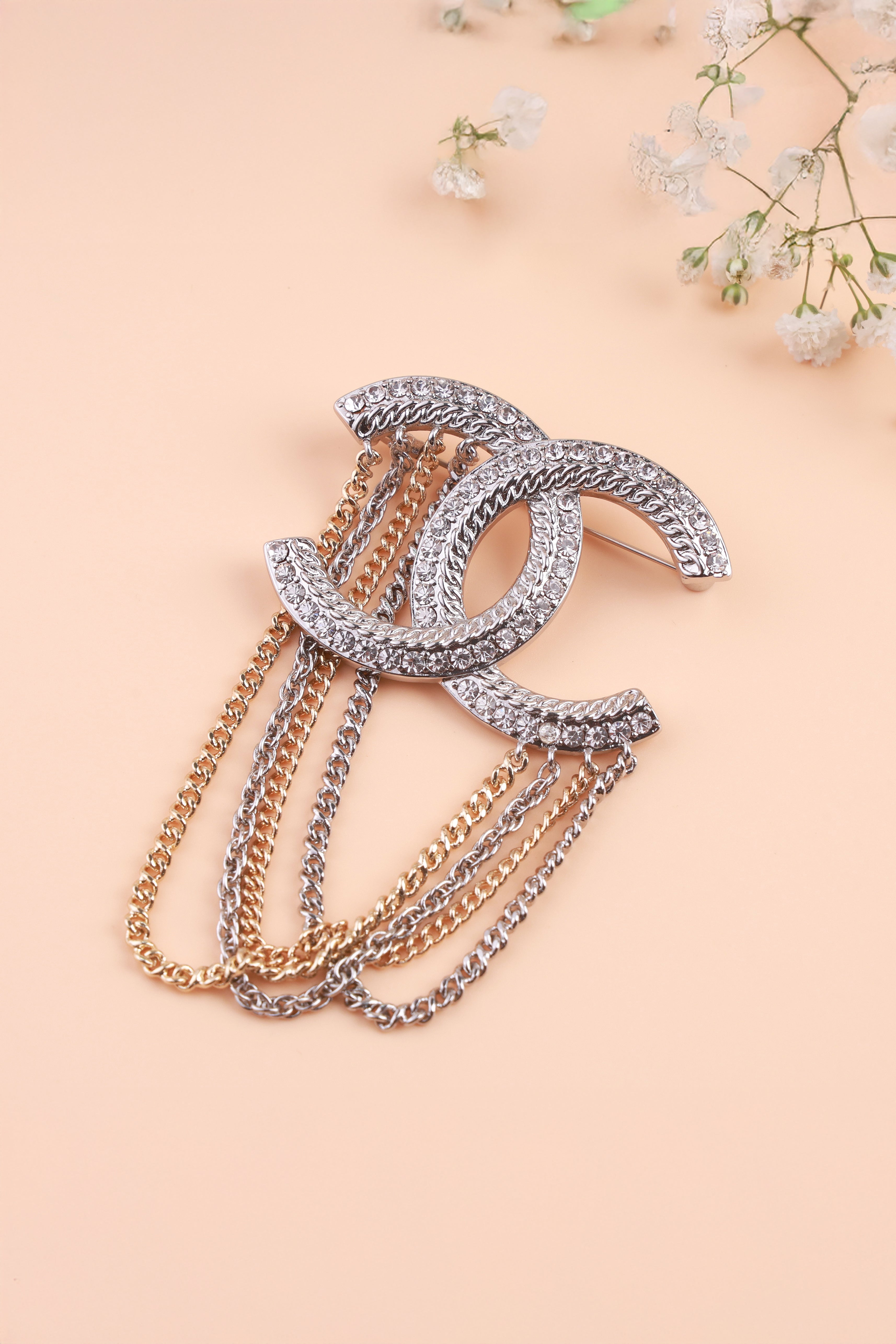 Dual Chain Charm Shanel Brooch
